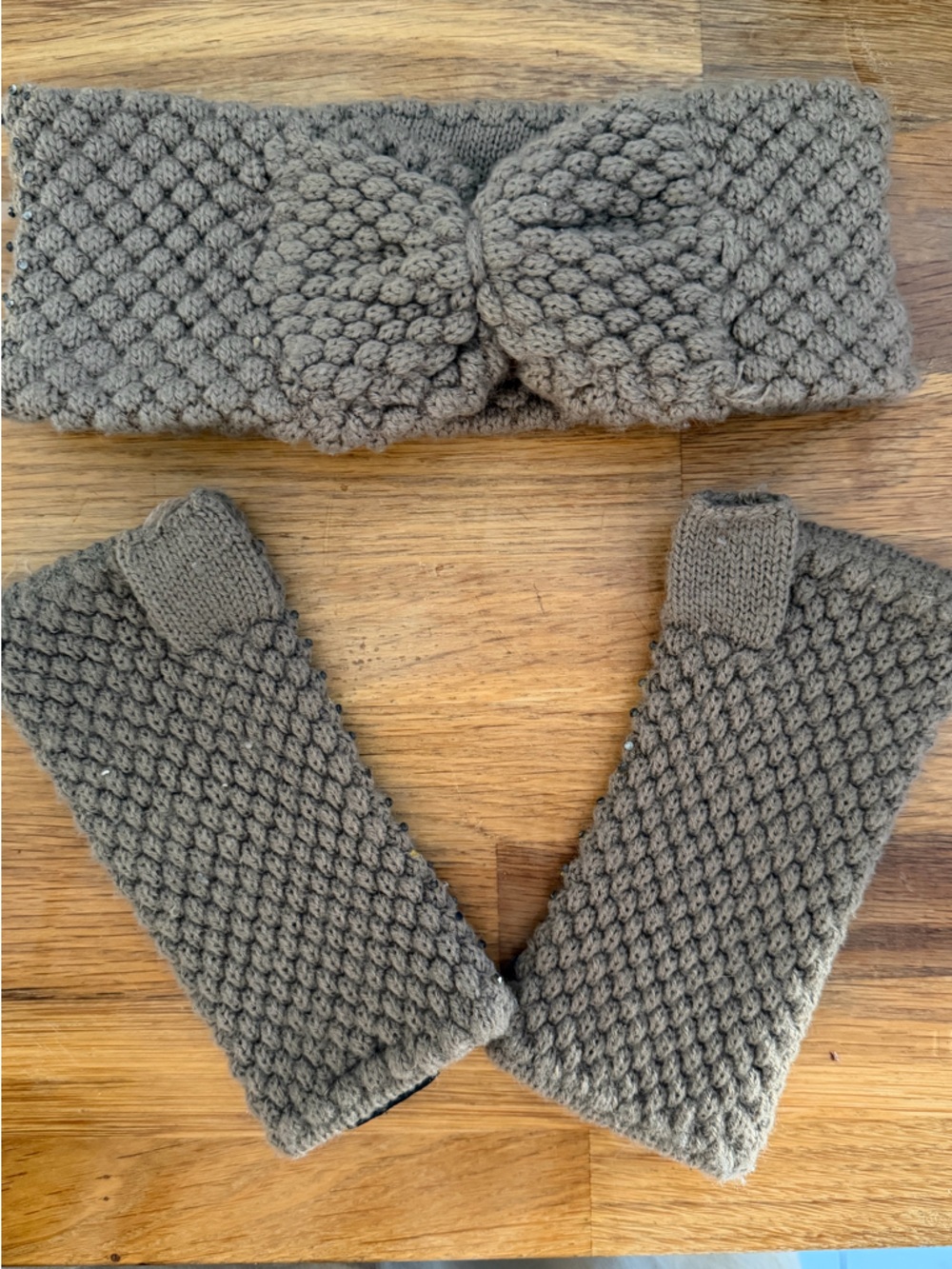 Embellished Knit Headband and Wrist Warmers Set - Taupe